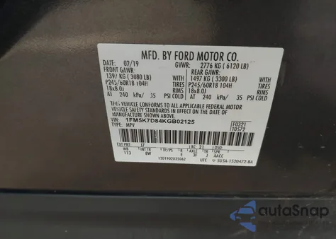 2019 Ford Explorer Xlt z USA, uszkodzony, nr VIN 1FM5K7D84KGB02125